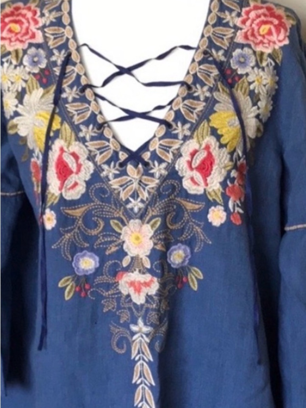 Johnny Was Oversized Ketti Navy Blue Embroidered Linen Dress